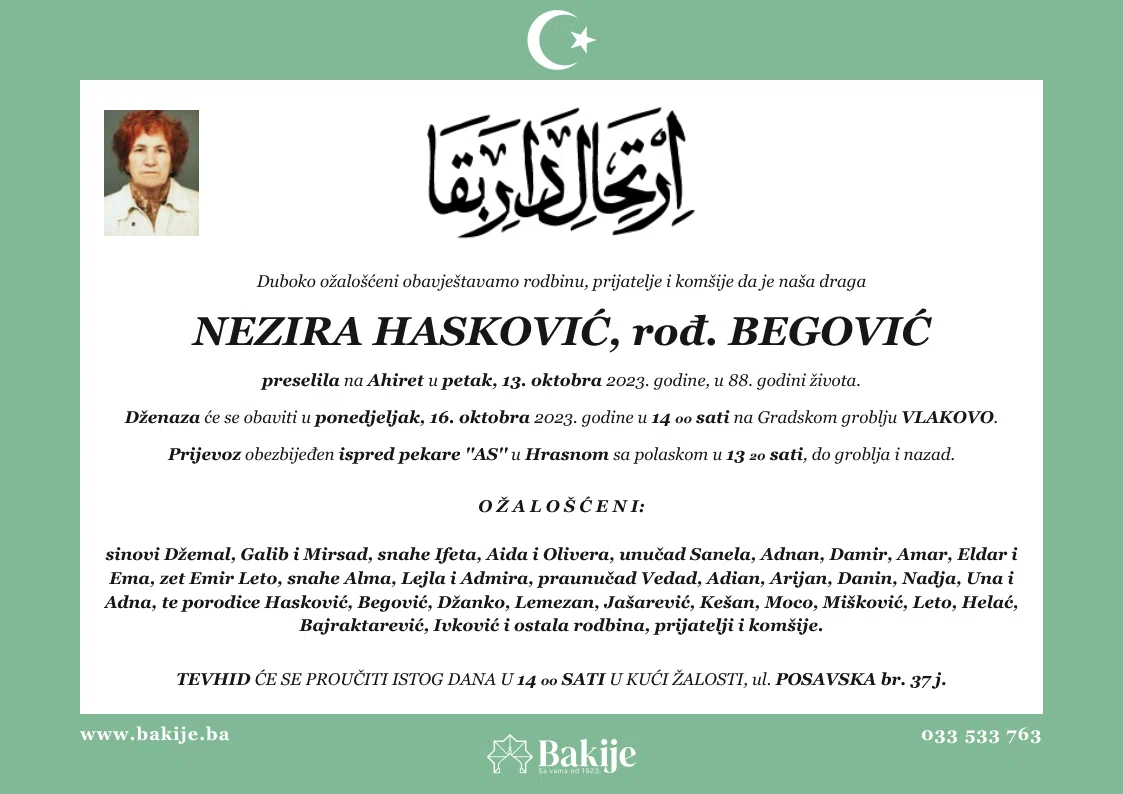 Smrtovnica — Nezira Hasković, rođ. Begović
