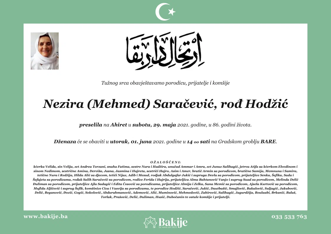 Smrtovnica — Nezira (Mehmed) Saračević, Rođ Hodžić