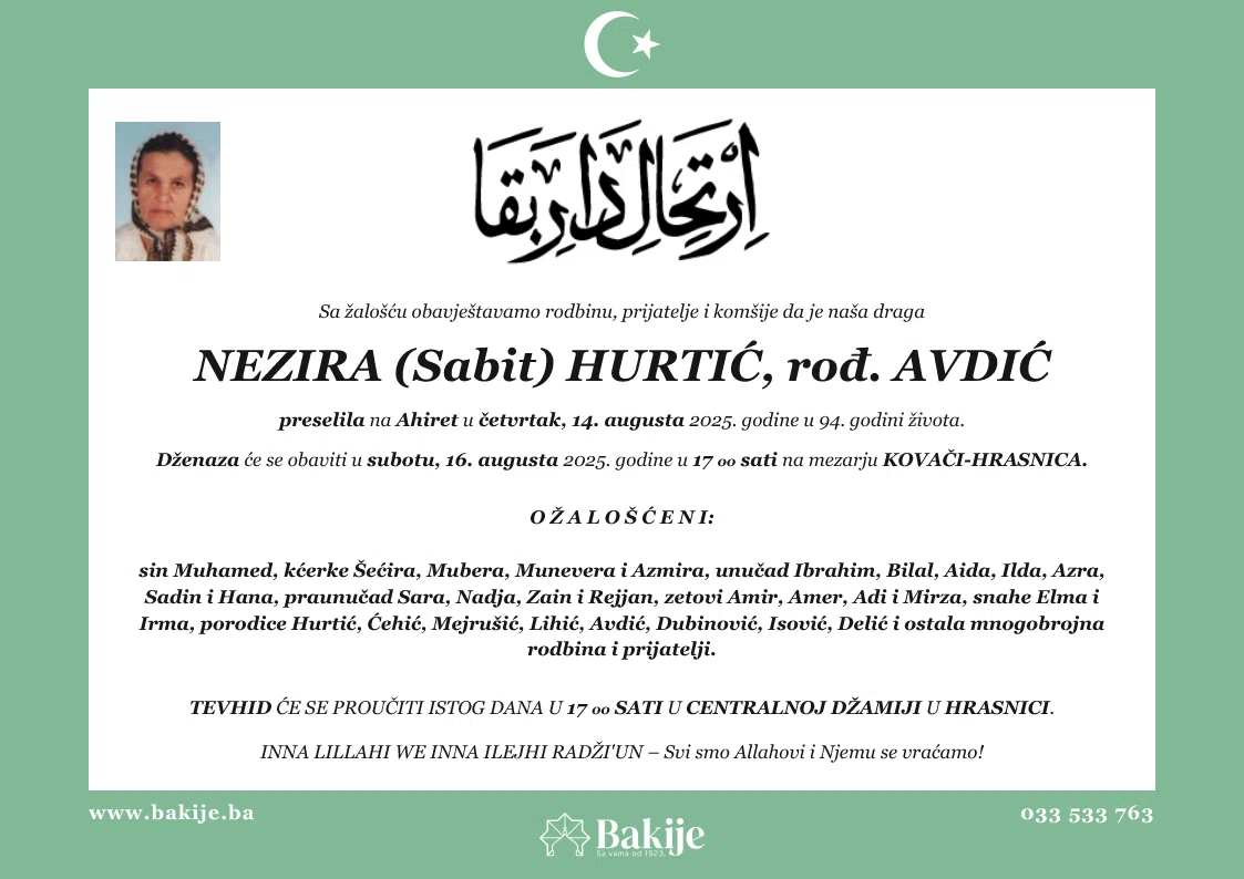 Smrtovnica — Nezira (Sabit) Hurtić, rođ. Avdić