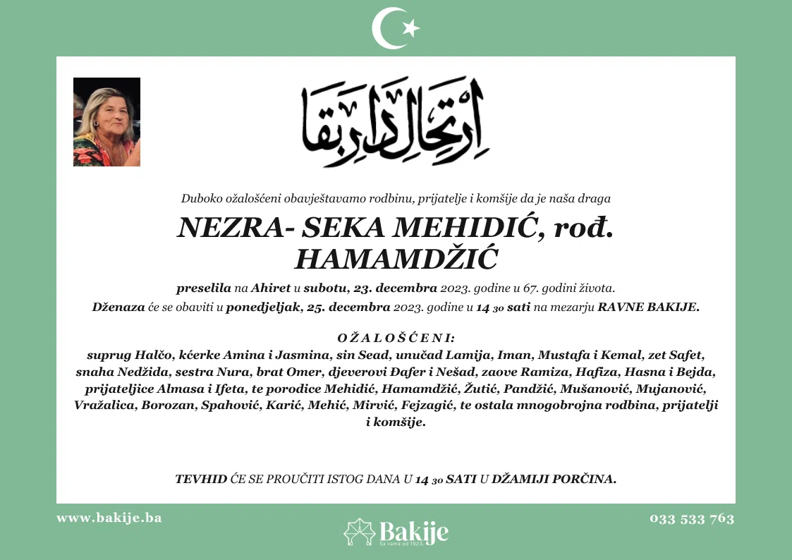 Smrtovnica — Nezra- Seka Mehidić, rođ. Hamamdžić