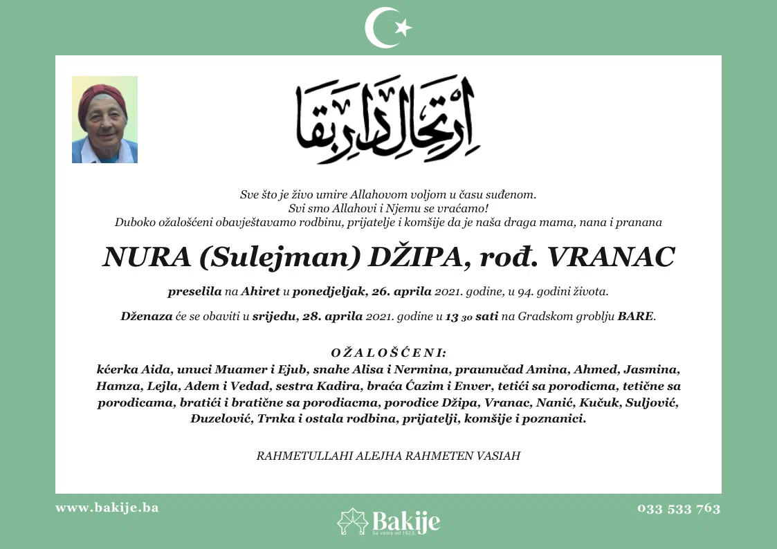 Smrtovnica — Nura (Sulejman) Džipa, rođ. Vranac