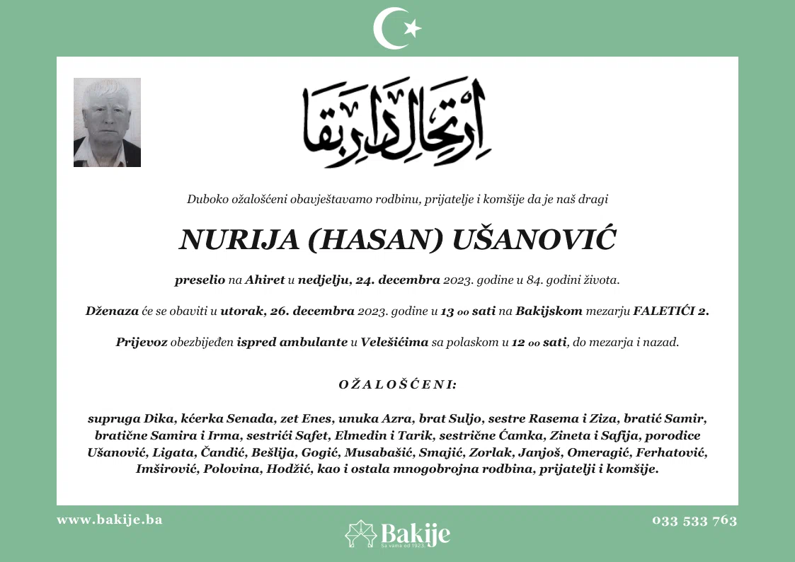 Smrtovnica — Nurija (Hasan) Ušanović