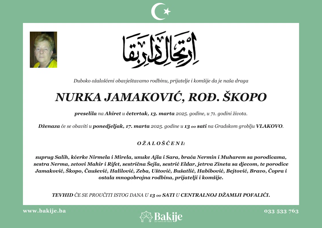 Smrtovnica — Nurka Jamaković, rođ. Škopo