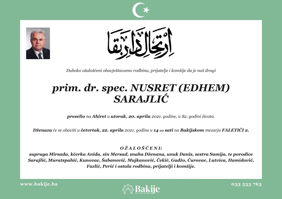 Smrtovnica — Prim. Dr. Spec. Nusret (Edhem) Sarajlić