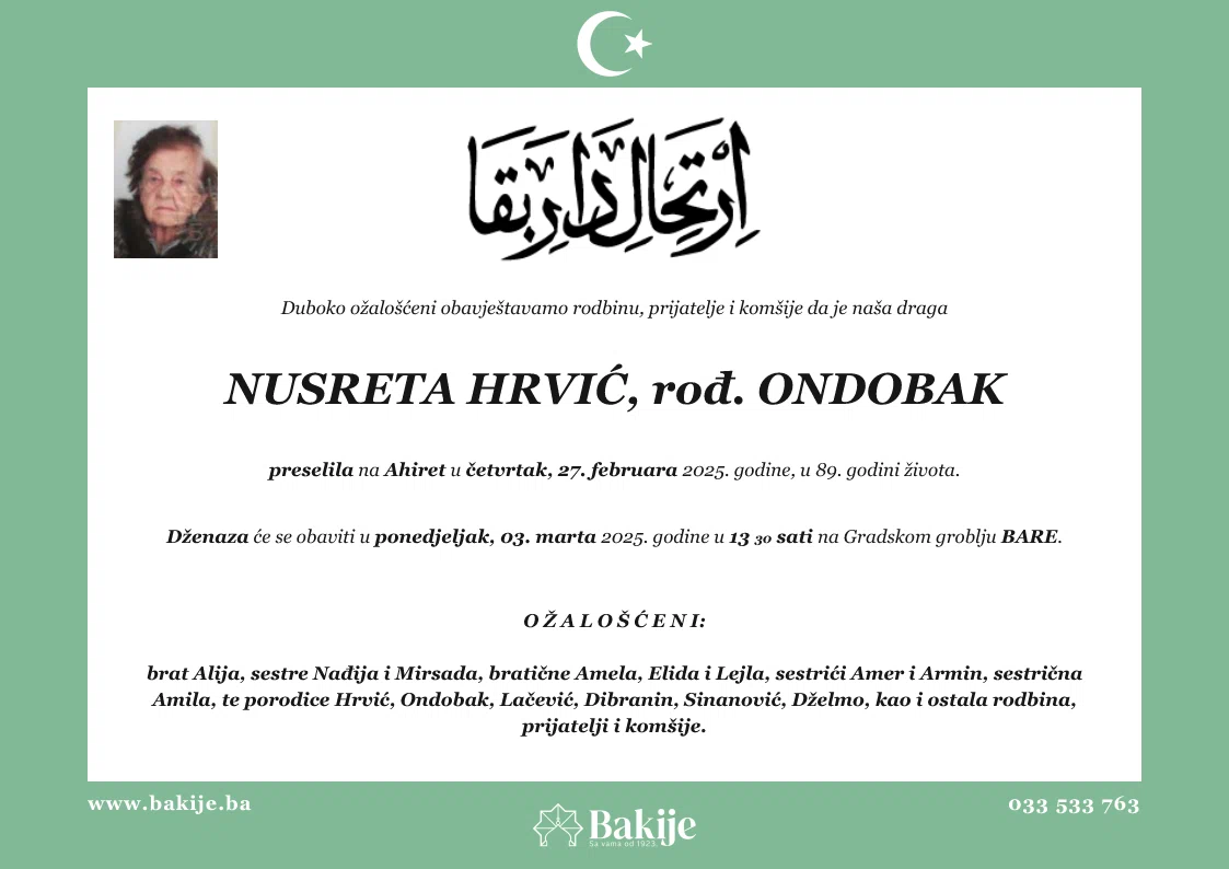Smrtovnica — Nusreta Hrvić, rođ. Ondobak