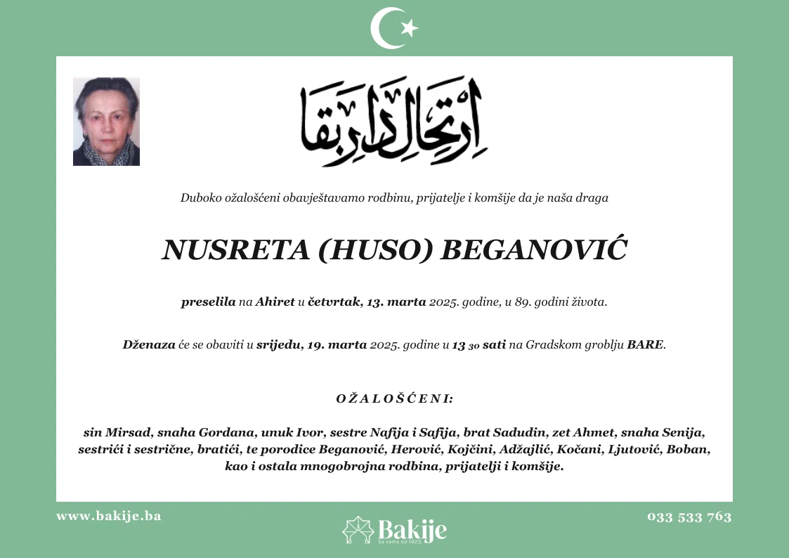 Smrtovnica — Nusreta (Huso) Beganović