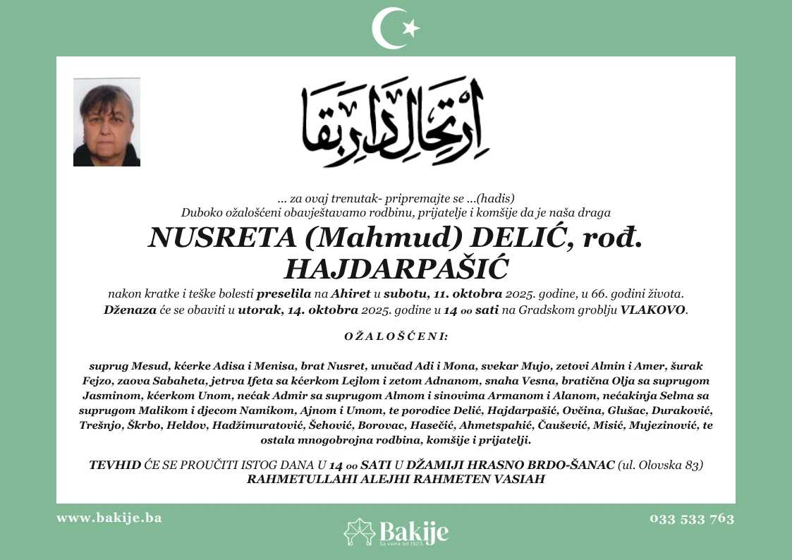 Smrtovnica — Nusreta (Mahmud) Delić, rođ. Hajdarpašić