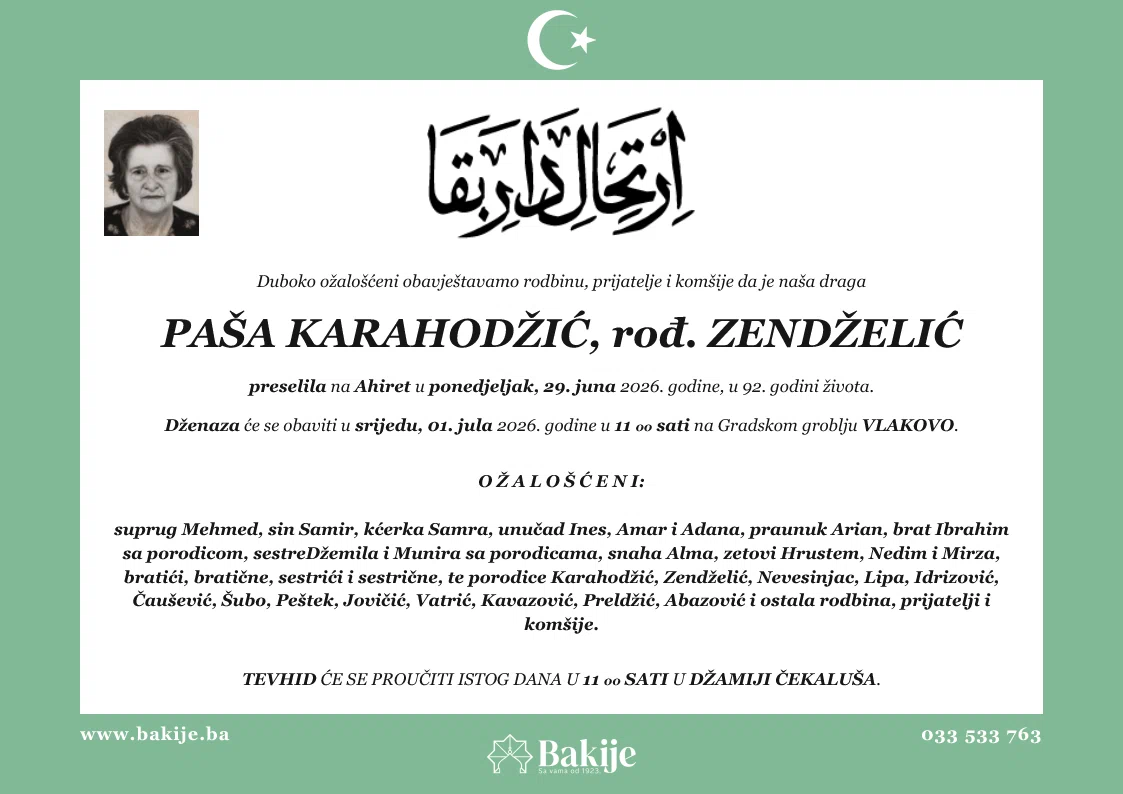 Smrtovnica — Paša Karahodžić, rođ. Zendželić