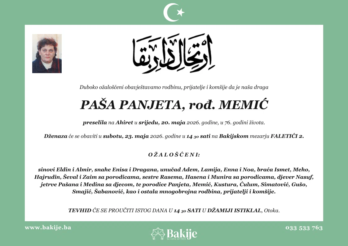 Smrtovnica — Paša Panjeta, rođ. Memić