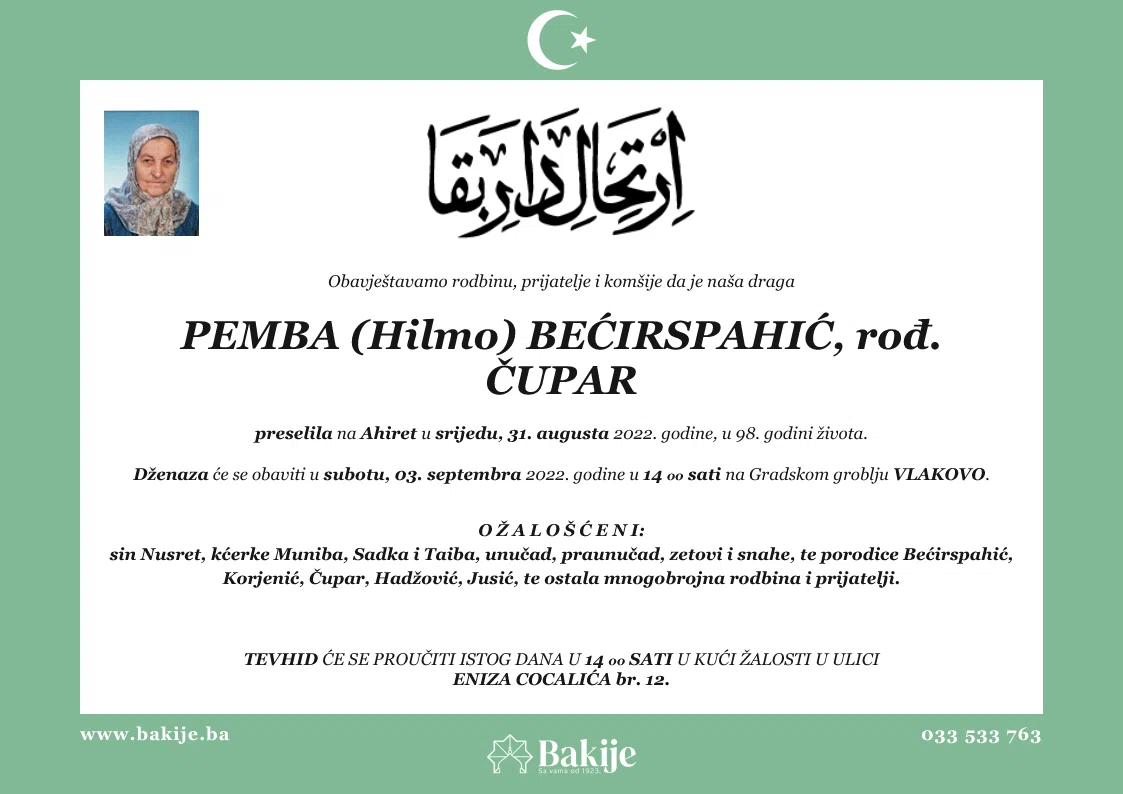 Smrtovnica — Pemba (Hilmo) Bećirspahić, rođ. Čupar