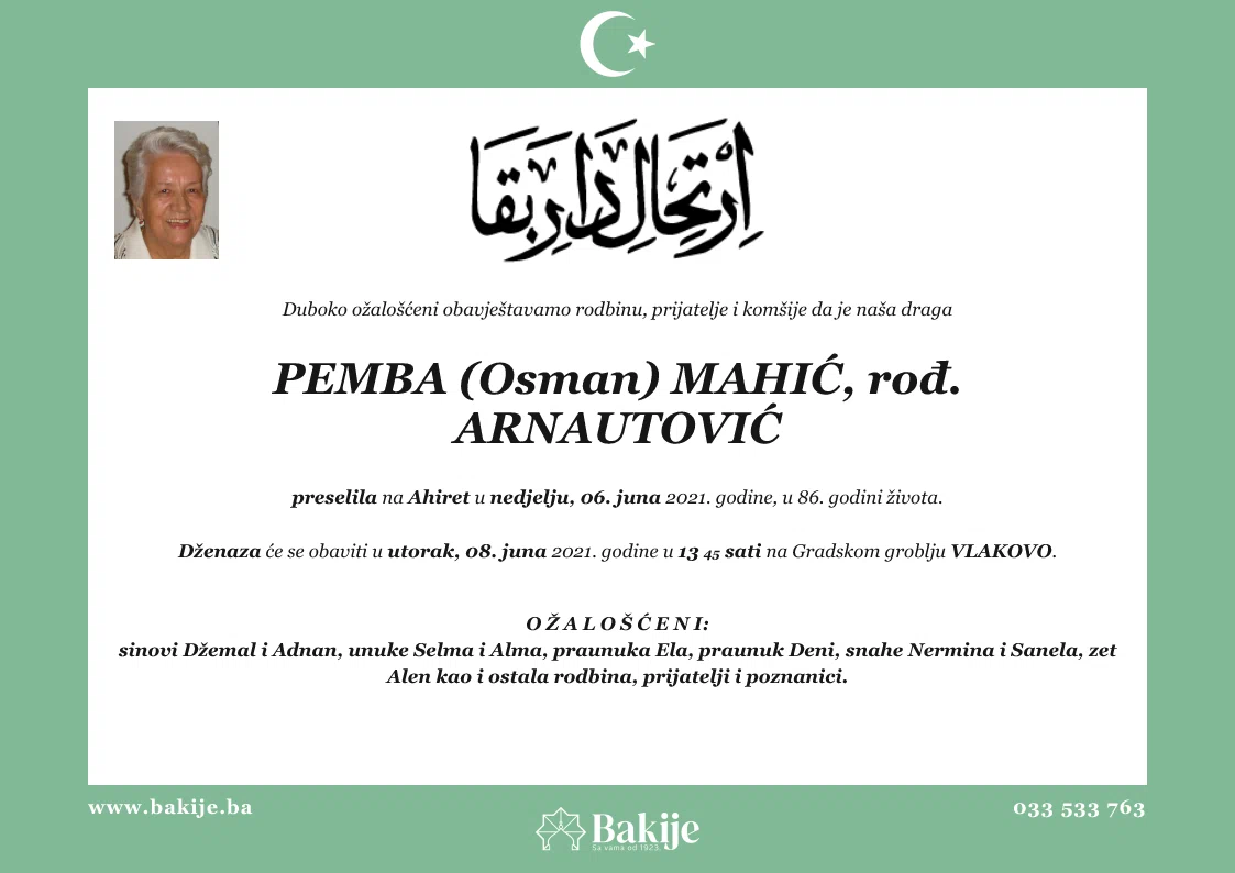 Smrtovnica — Pemba (Osman) Mahić, rođ. Arnautović