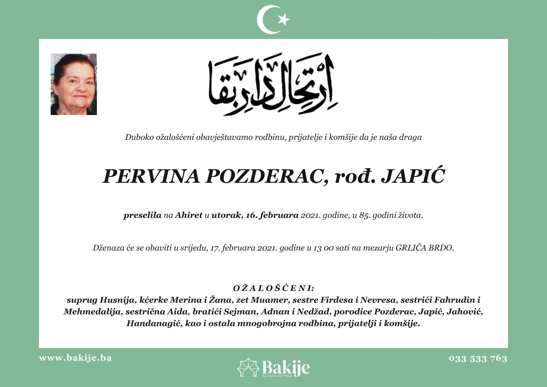 Smrtovnica — Pervina Pozderac, rođ. Japić