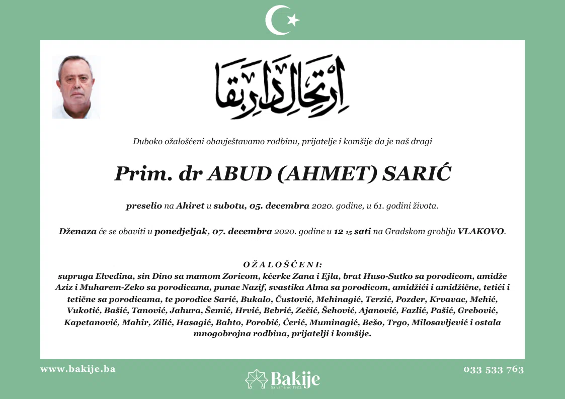 Smrtovnica — Prim. Dr Abud (Ahmet) Sarić
