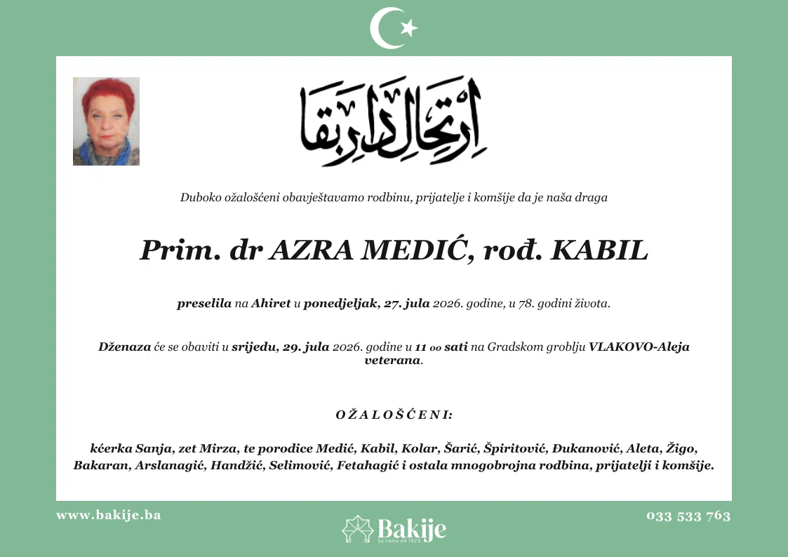 Smrtovnica — Prim. Dr Azra Medić, rođ. Kabil