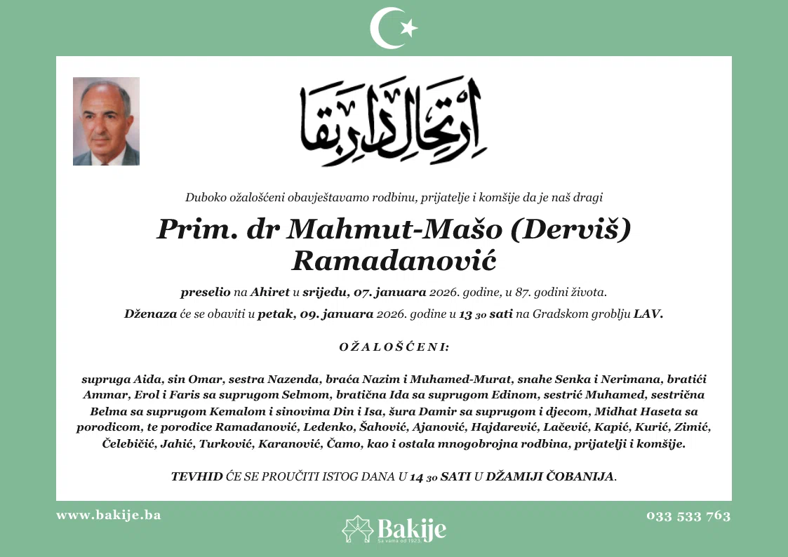 Smrtovnica — Prim. Dr Mahmut-Mašo (Derviš) Ramadanović