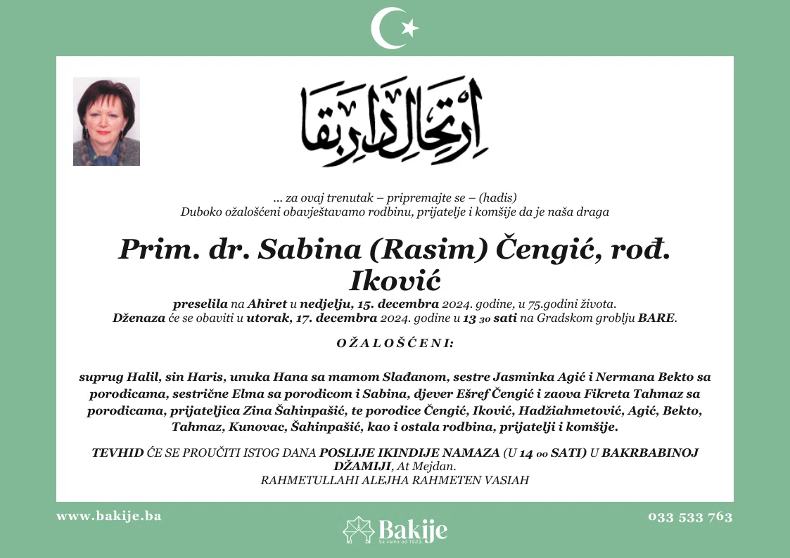 Smrtovnica — Prim. Dr. Sabina (Rasim) Čengić, rođ. Iković