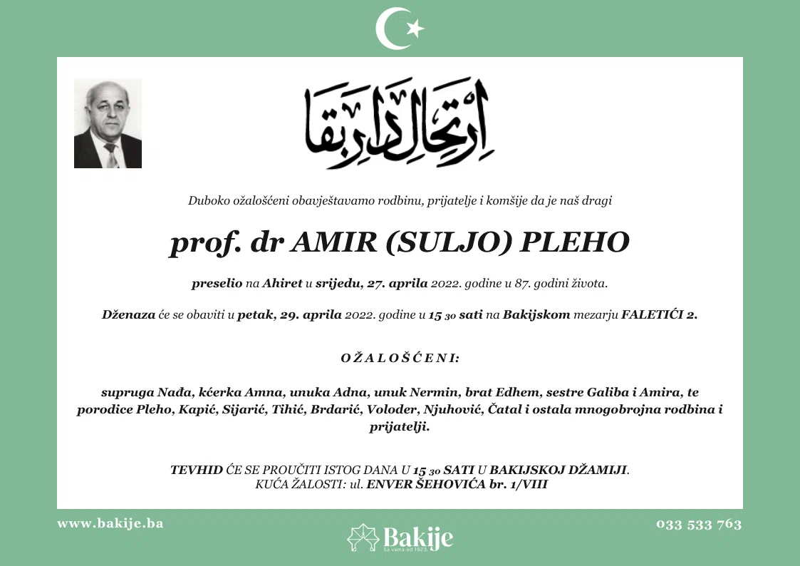 Smrtovnica — Prof. Dr Amir (Suljo) Pleho