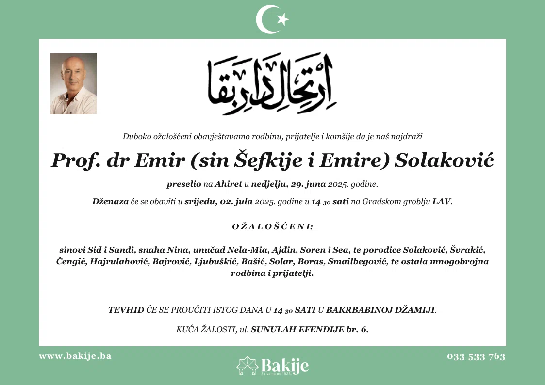 Smrtovnica — Prof. Dr Emir (Sin Šefkije I Emire) Solaković
