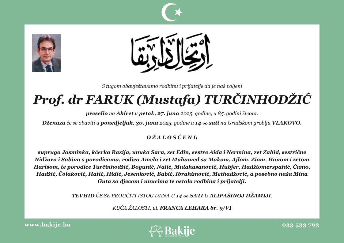 Smrtovnica — Prof. Dr Faruk (Mustafa) Turčinhodžić