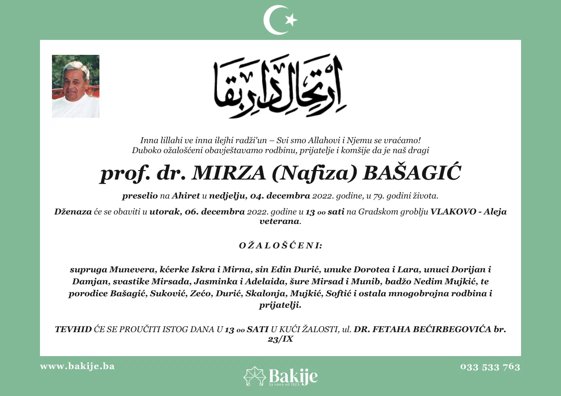 Smrtovnica — Prof. Dr. Mirza (Nafiza) Bašagić