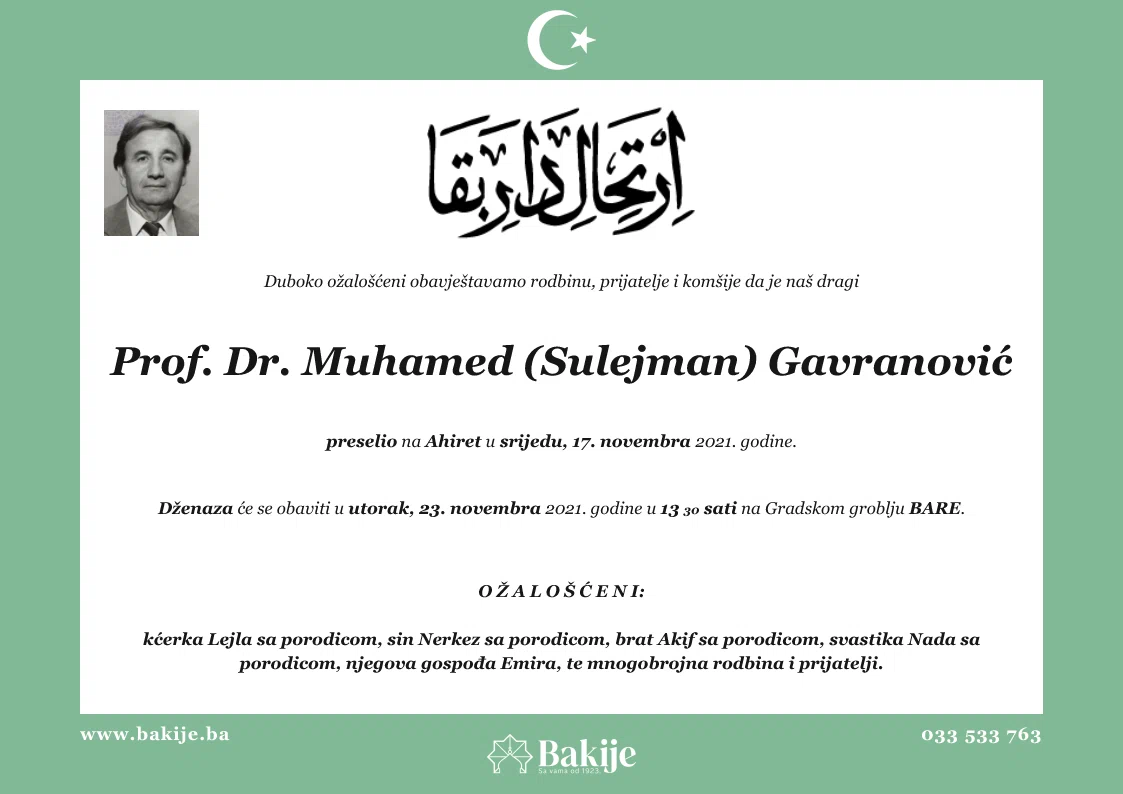 Smrtovnica — Prof. Dr. Muhamed (Sulejman) Gavranović