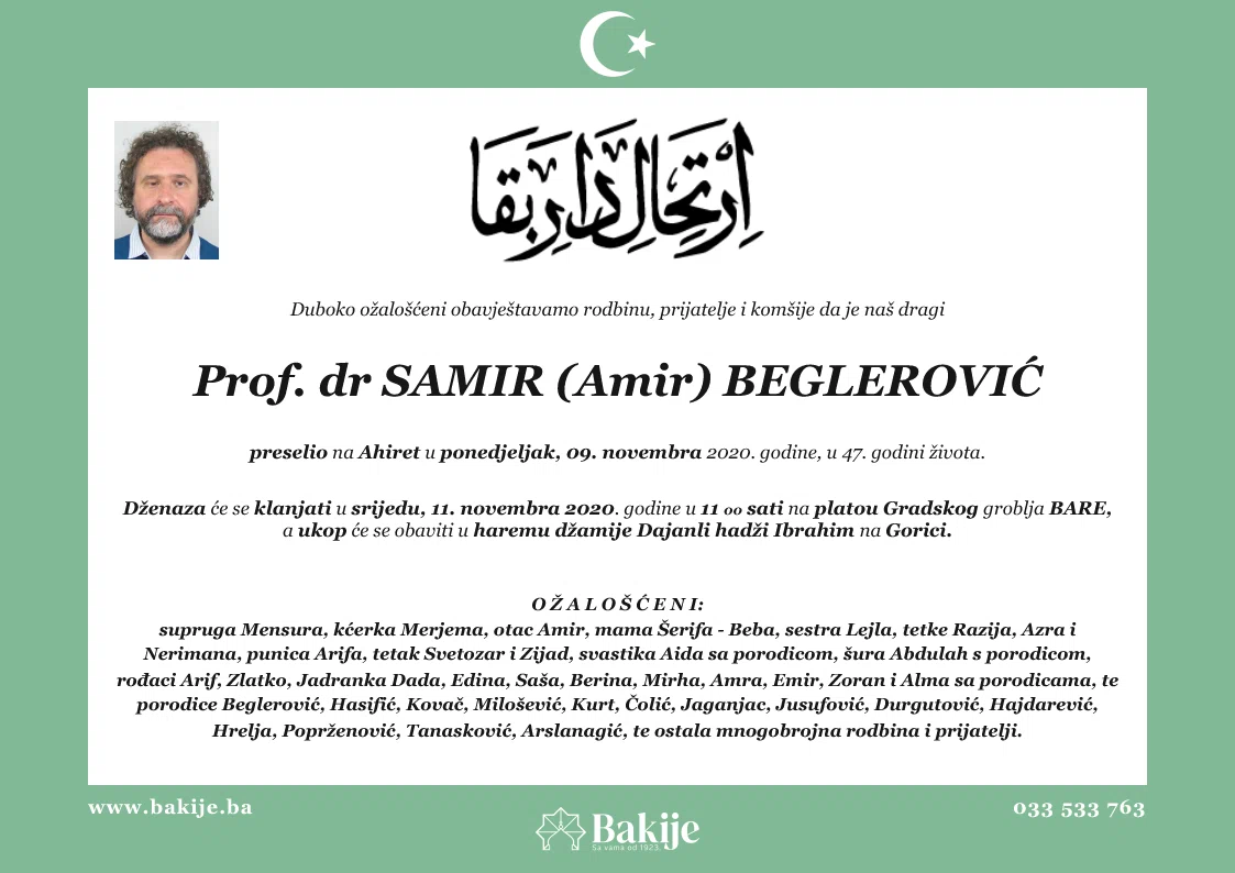 Smrtovnica — Prof. Dr Samir (Amir) Beglerović