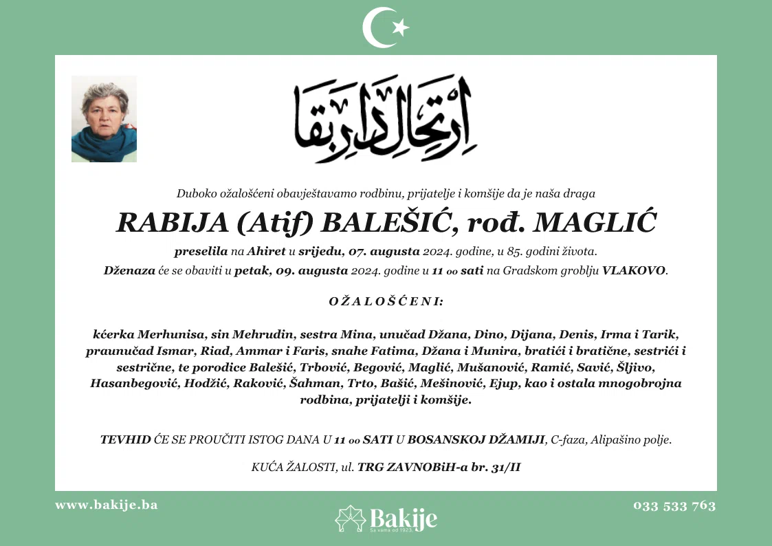 Smrtovnica — Rabija (Atif) Balešić, rođ. Maglić
