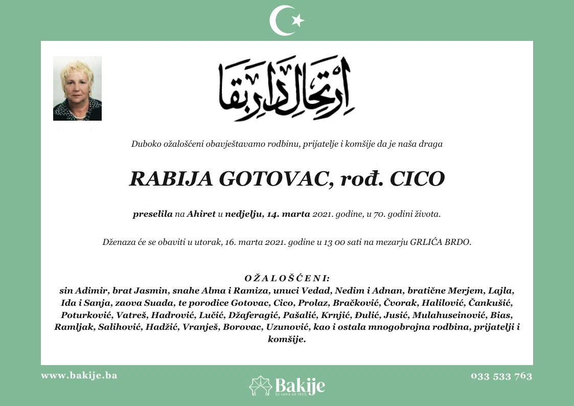 Smrtovnica — Rabija Gotovac, rođ. Cico