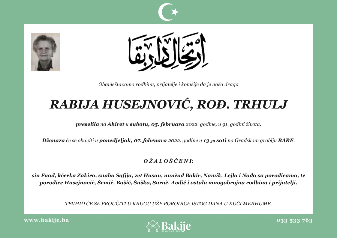 Smrtovnica — Rabija Husejnović, rođ. Trhulj