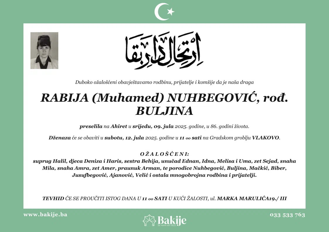 Smrtovnica — Rabija (Muhamed) Nuhbegović, rođ. Buljina