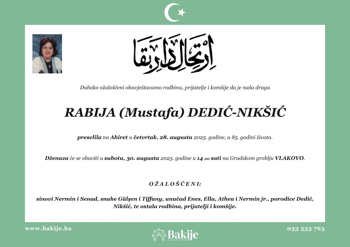 Smrtovnica — Rabija (Mustafa) Dedić-Nikšić