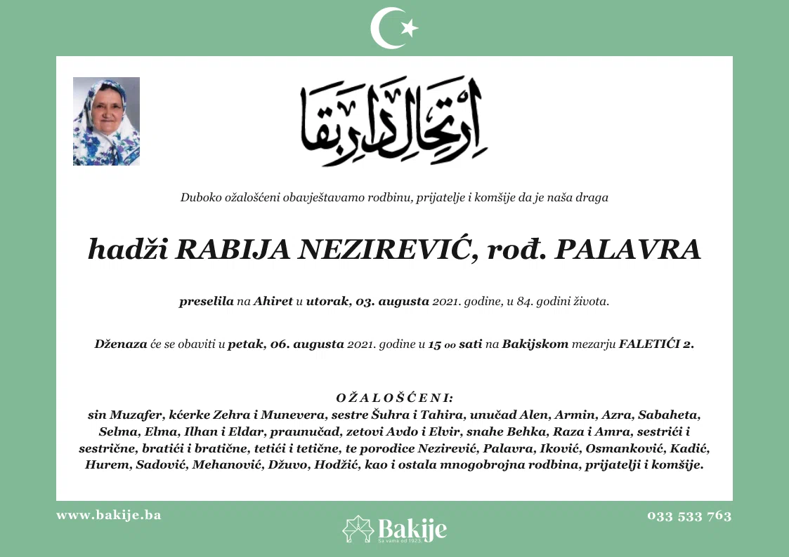 Smrtovnica — Hadži Rabija Nezirević, rođ. Palavra