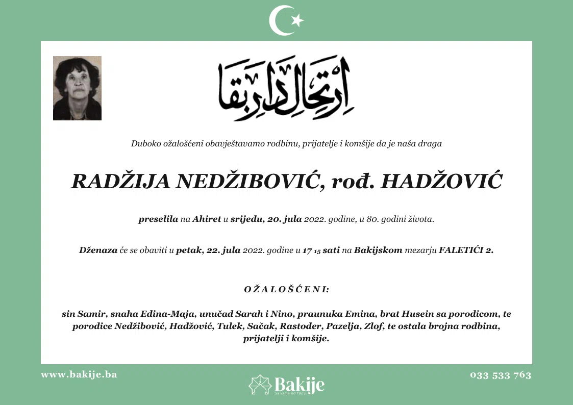 Smrtovnica — Radžija Nedžibović, rođ. Hadžović