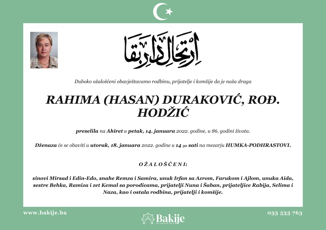 Smrtovnica — Rahima (Hasan) Duraković, rođ. Hodžić
