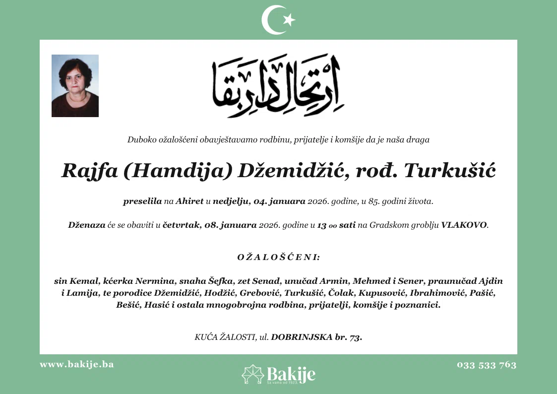 Smrtovnica — Rajfa (Hamdija) Džemidžić, rođ. Turkušić