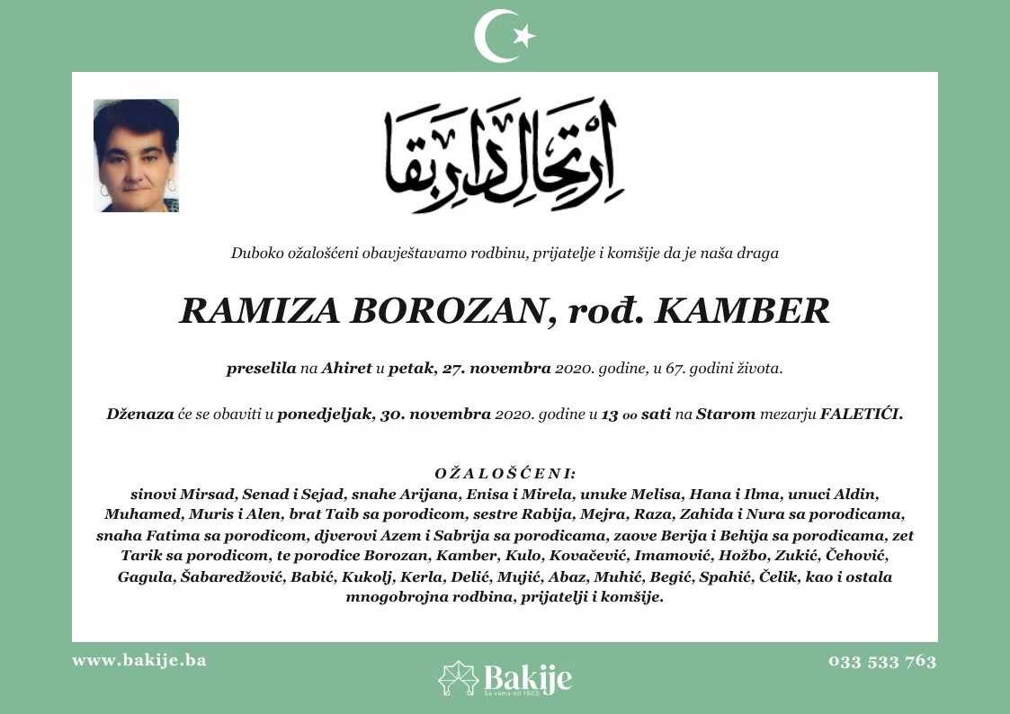 Smrtovnica — Ramiza Borozan, rođ. Kamber