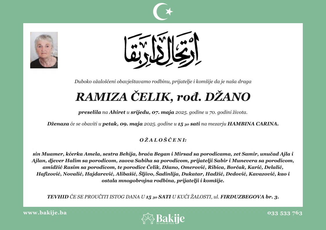 Smrtovnica — Ramiza Čelik, rođ. Džano