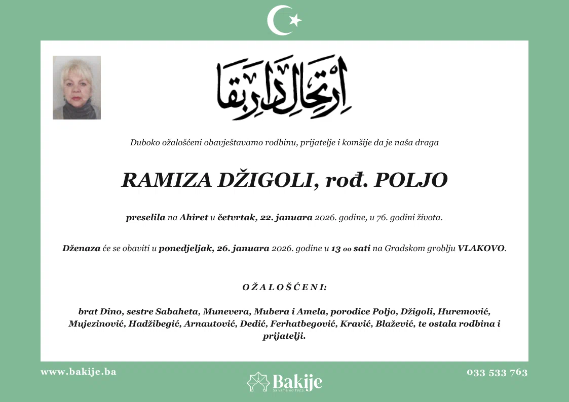 Smrtovnica — Ramiza Džigoli, rođ. Poljo
