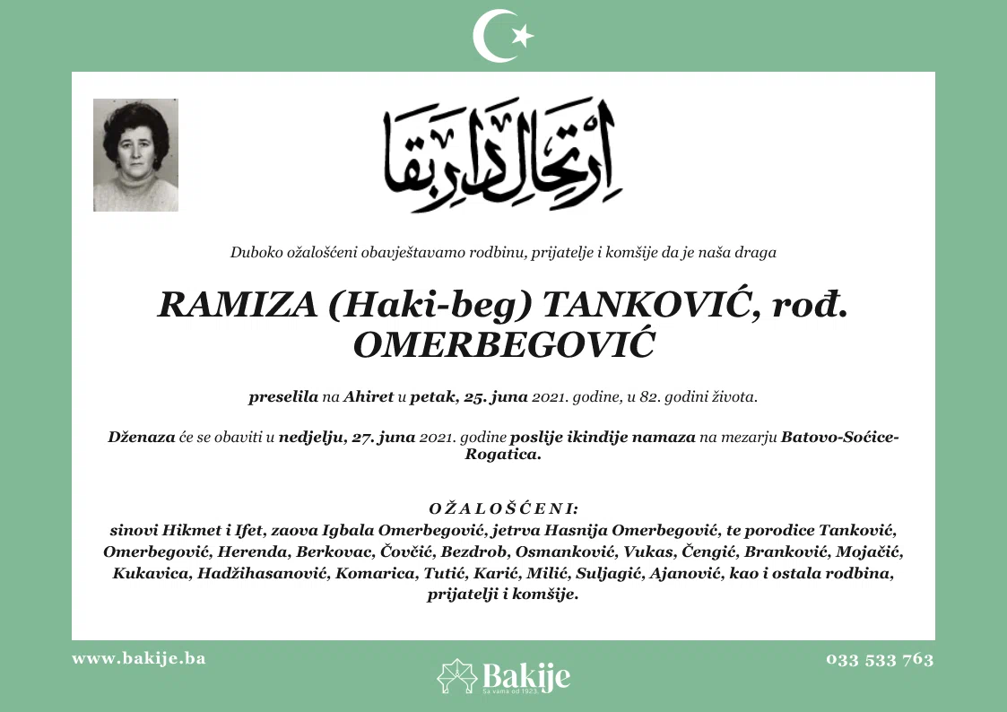 Smrtovnica — Ramiza (Haki-Beg) Tanković, rođ. Omerbegović