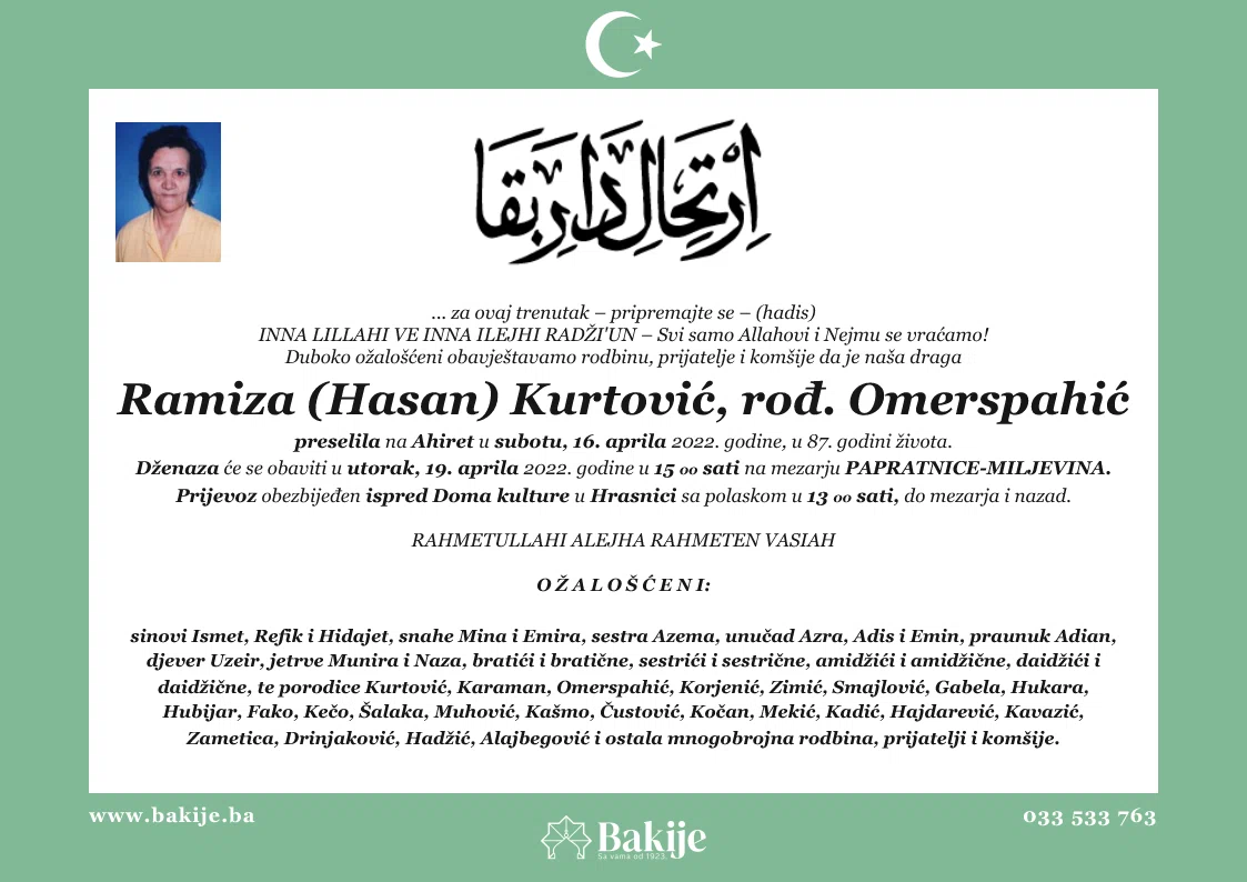 Smrtovnica — Ramiza (Hasan) Kurtović, rođ. Omerspahić