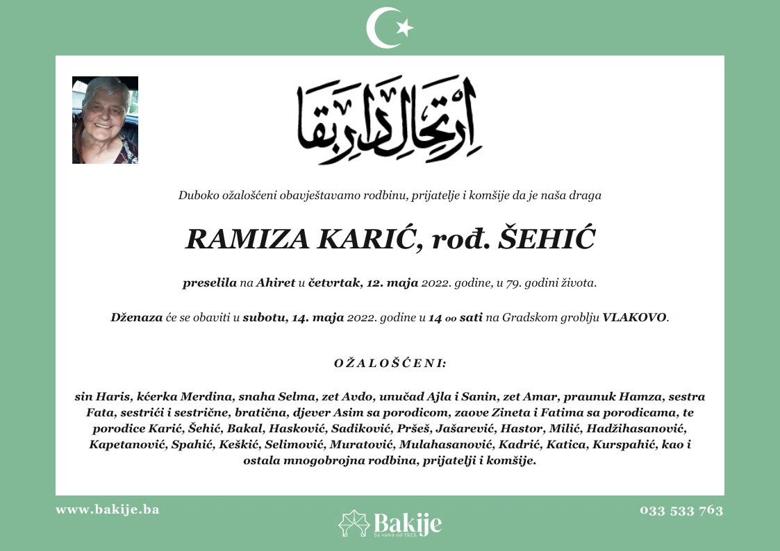 Smrtovnica — Ramiza Karić, rođ. Šehić