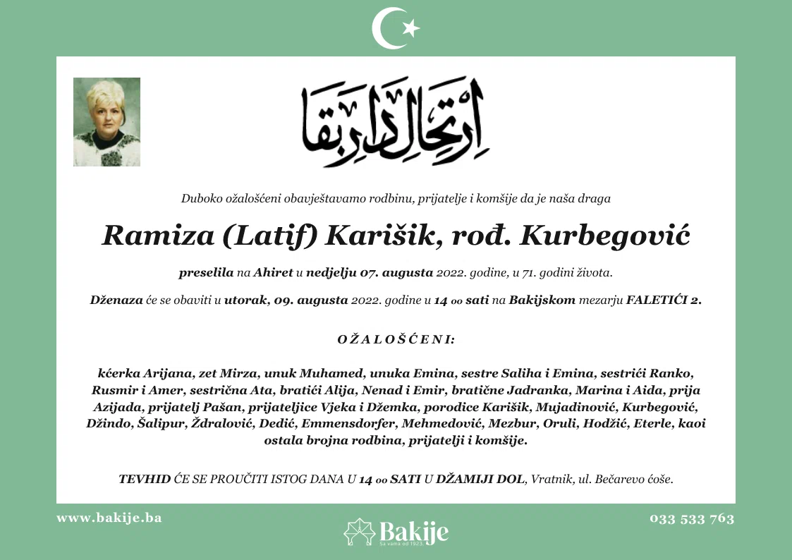 Smrtovnica — Ramiza (Latif) Karišik, rođ. Kurbegović