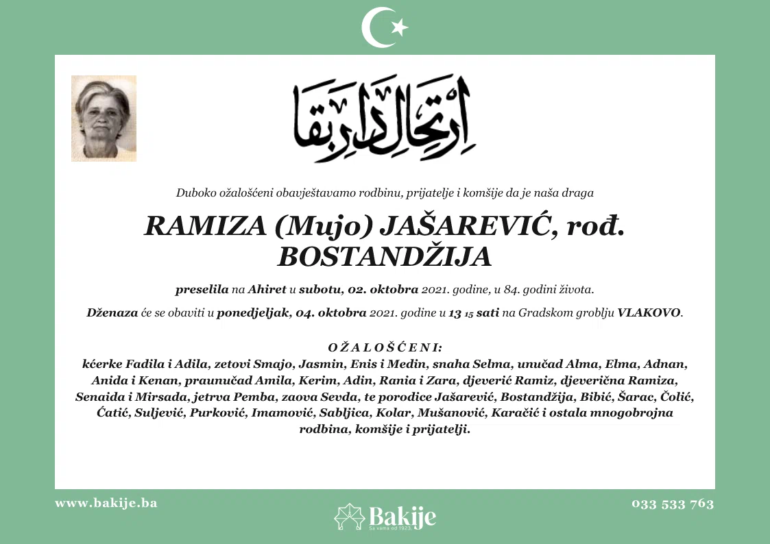 Smrtovnica — Ramiza (Mujo) Jašarević, rođ. Bostandžija