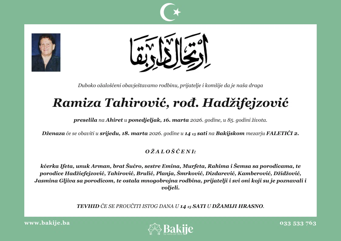 Smrtovnica — Ramiza Tahirović, rođ. Hadžifejzović