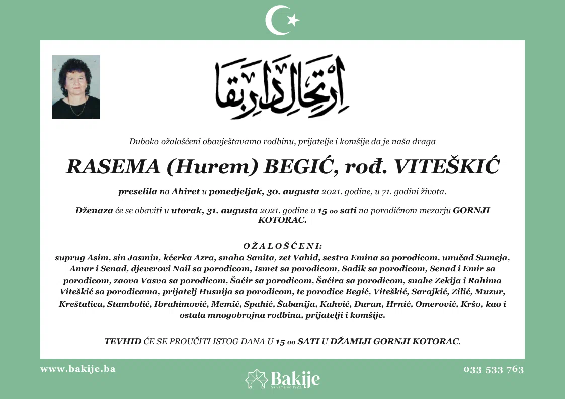 Smrtovnica — Rasema (Hurem) Begić, rođ. Viteškić