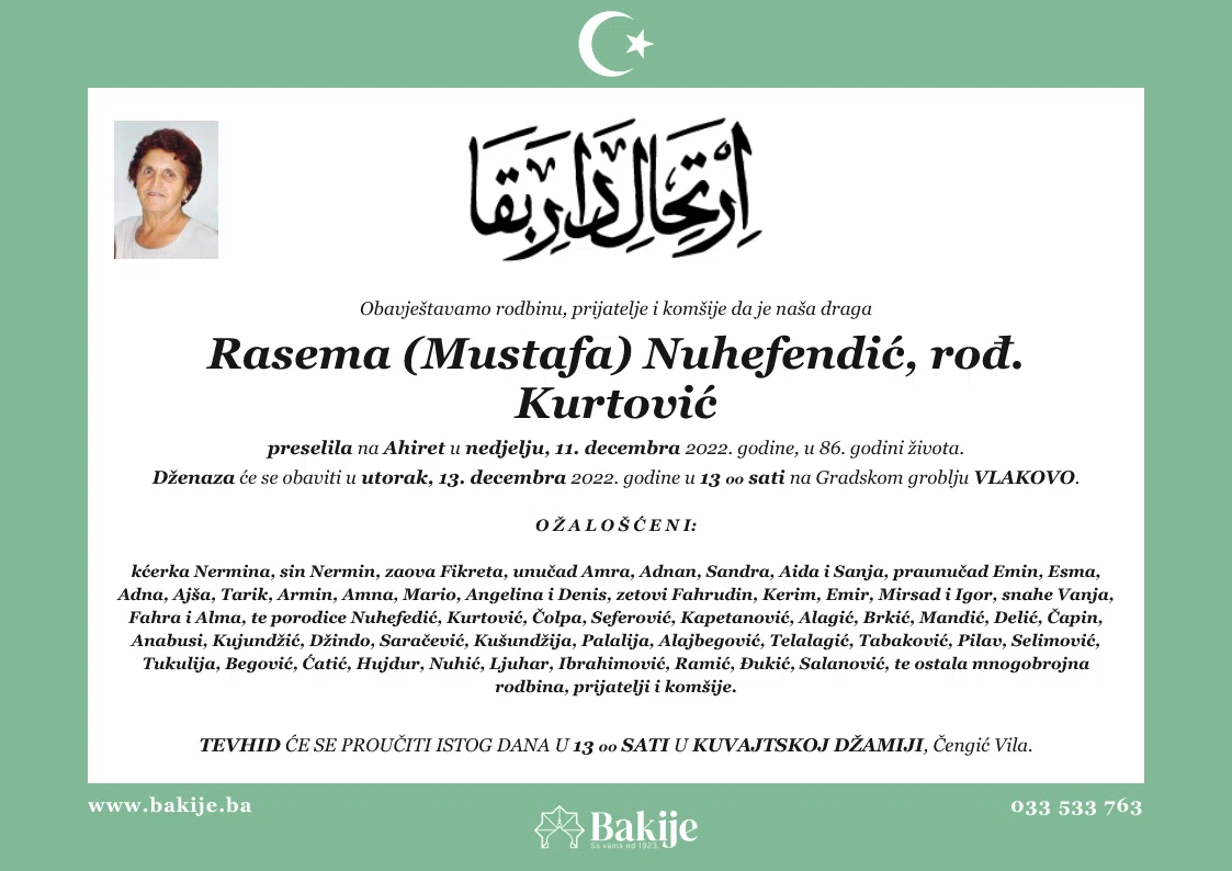 Smrtovnica — Rasema (Mustafa) Nuhefendić, rođ. Kurtović