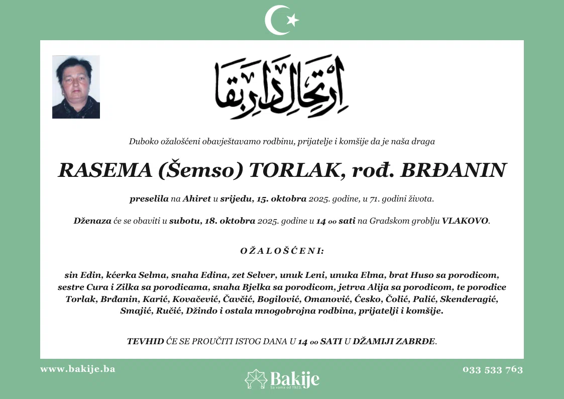 Smrtovnica — Rasema (Šemso) Torlak, rođ. Brđanin