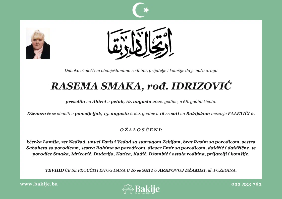 Smrtovnica — Rasema Smaka, rođ. Idrizović