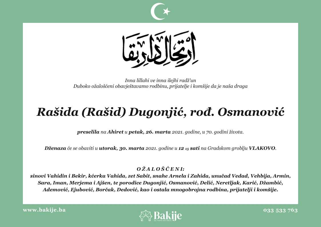 Smrtovnica — Rašida (Rašid) Dugonjić, rođ. Osmanović