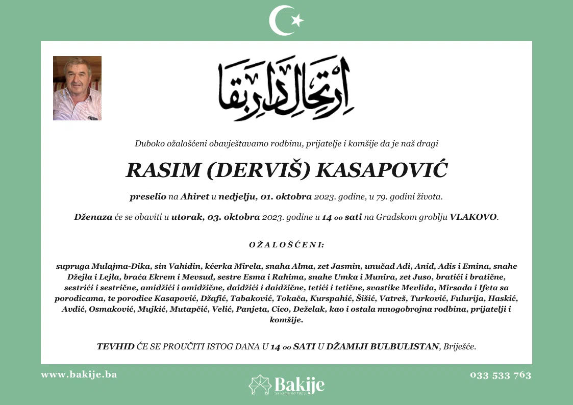 Smrtovnica — Rasim (Derviš) Kasapović
